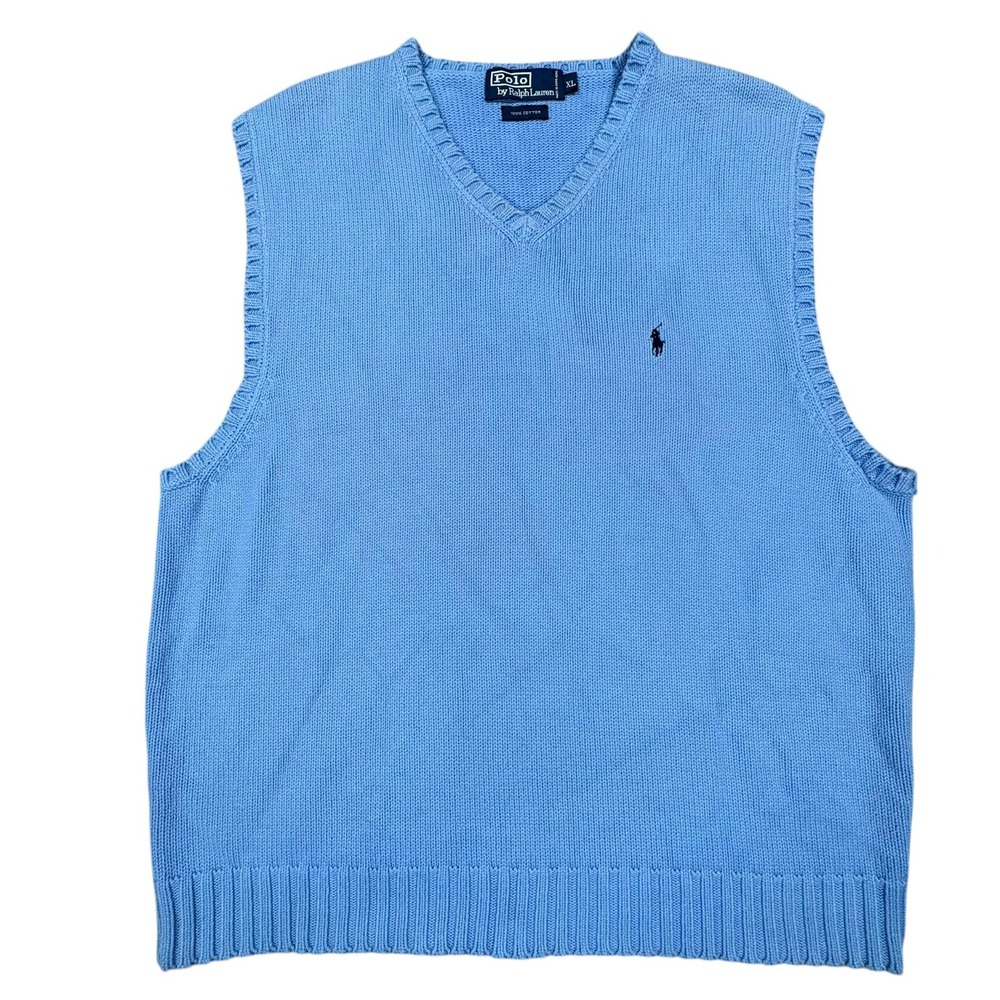 Polo Ralph Lauren V-Neck Sweater Vest Mens XL Blue 100% Cotton Knit Hong Kong